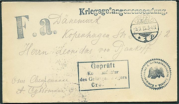 Ufrankeret krigsfangebrev fra Crefeld d. 5.3.1915 til København, Danmark. Lokal lejrcensur.