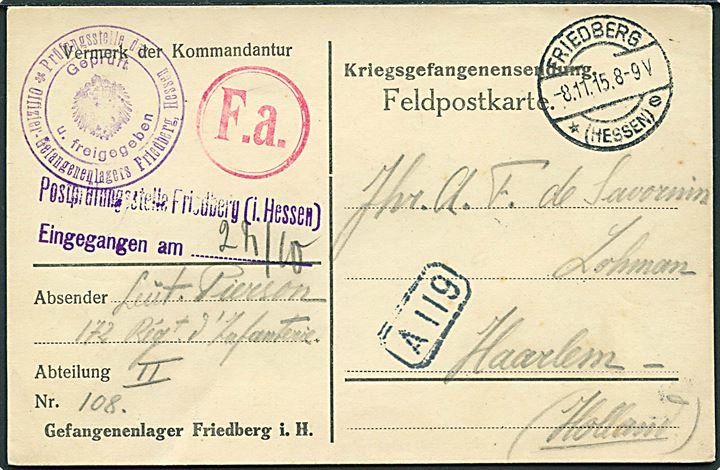 Ufrankeret fortrykt krigsfangebrevkort fra Friedberg d. 8.11.1915 til Haalem, Holland. Lokal lejrcensur.