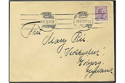 15 øre violet Chr. X, plet under hagen, på brev fra København d. 25.12.1919 til Esbjerg.