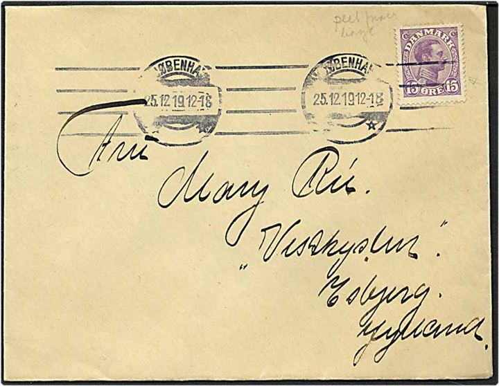15 øre violet Chr. X, plet under hagen, på brev fra København d. 25.12.1919 til Esbjerg.