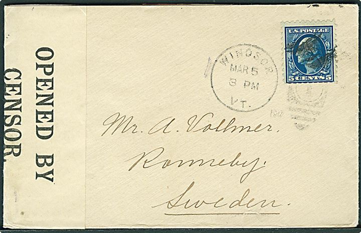 5 cents Washington på brev fra Winsor d. 5.3.1917 til Ronneby, Sverige. Åbnet af britisk censur no. 438.