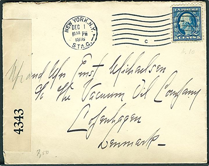 5 cents Washington på brev fra New York d. 1.12.1916 til København, Danmark. Åbnet af britisk censur no. 4343. 