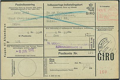30 øre blanketmaskin-frankostempel på retur indkasserings-indbetalingskort fra København K. d. 30.12.1944 til Skive. 