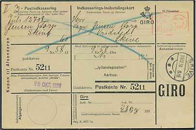 30 øre blanketmaskin-frankostempel på retur indkasserings-indbetalingskort fra Aarhus d. 8.10.1938 til Skive.