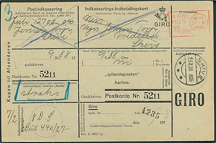 30 øre blanketmaskin-frankostempel på retur indkasserings-indbetalingskort fra Aarhus d. 22.11.1938 til Skive.