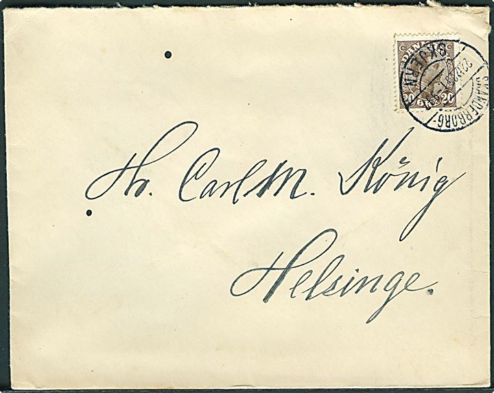 20 øre Chr. X på brev annulleret med bureaustempel Skanderborg - Skjern T.997 d. 22.12.1925 til Helsinge.
