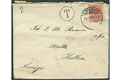 10 øre Våben på underfrankeret 2. vægtkl. brev fra Kjøbenhavn d. 21.7.1894 til Mølle, Sverige. Sort T stempel.