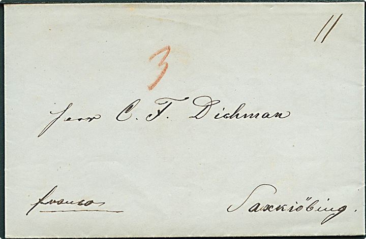 1844. 11 sk. Francobrev med antiqua Kjøbenhavn d. 30.11.1844 til Saxkjøbing. Påskrevet 3 sk. bærepenge.