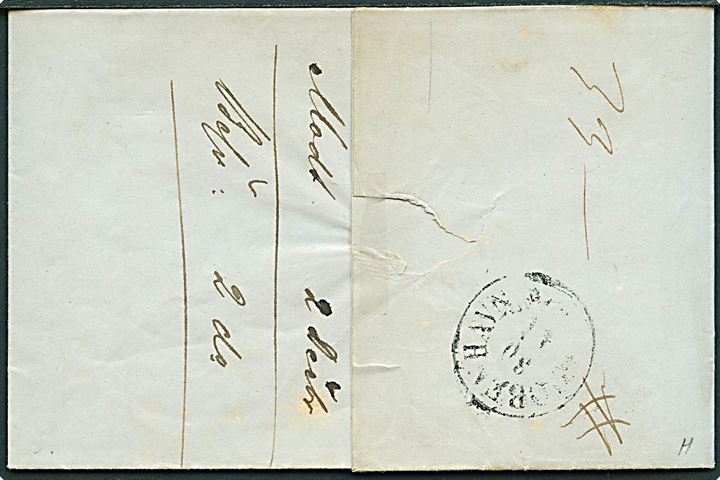 1844. 11 sk. Francobrev med antiqua Kjøbenhavn d. 30.11.1844 til Saxkjøbing. Påskrevet 3 sk. bærepenge.