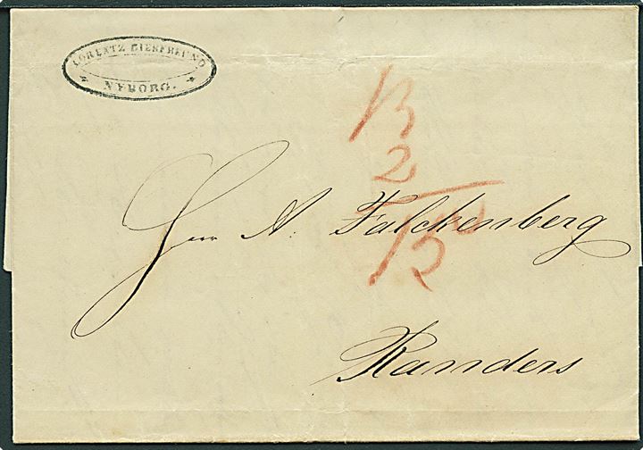 1845. Portobrev med langt indhold dateret Nyborg d. 11.6.1845 til Randers. Påskrevet 13 sk. porto + 2 sk. bærepenge = 15 sk. betalt af modtageren.