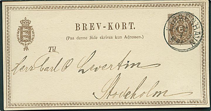 6 øre helsagsbrevkort fra Kjøbenhavn d. 22.4.1878 til Stockholm, Sverige.