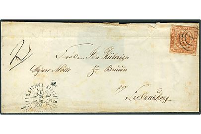 4 sk. 1854 udg. på brev annulleret med nr.stempel 1 og sidestemplet med Kjøbenhavn kompasstempel d. 2.10.185x til Skjære Mølle pr. Fredensborg. Påskrevet 2 - bærepenge ??