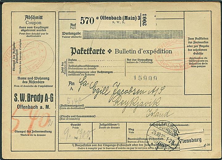 Internationalt adressekort for pakke med ovalt rødt stempel Offenbach ((Main) * Gebühr bezahlt * d. 23.10.1929 via Flensburg og København til Reykjavik, Island. 