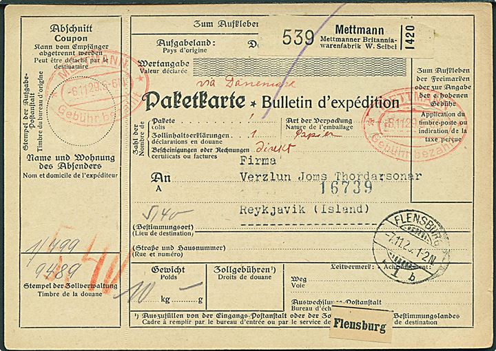 Internationalt adressekort for pakke med ovalt rødt stempel Mettmann * Gebühr bezahlt * d. 6.11.1929 via Flensburg og København til Reykjavik, Island. 