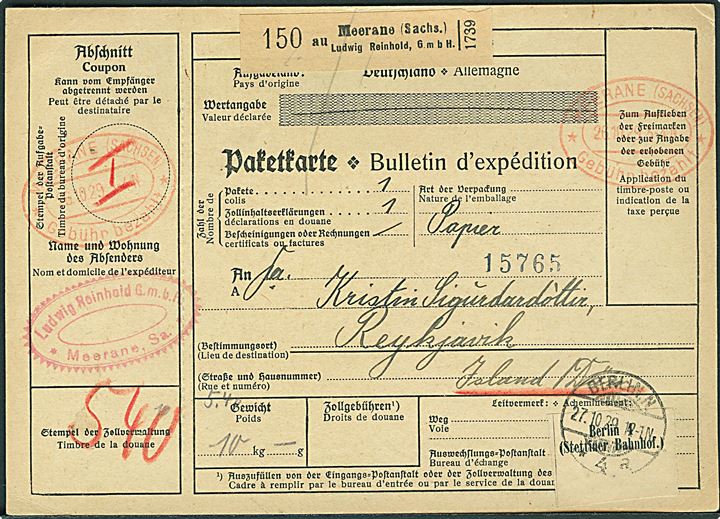 Internationalt adressekort for pakke med ovalt rødt stempel Meerane (Sachsen) * Gebühr bezahlt * d. 26.10.1929 via Flensburg og København til Reykjavik, Island. 