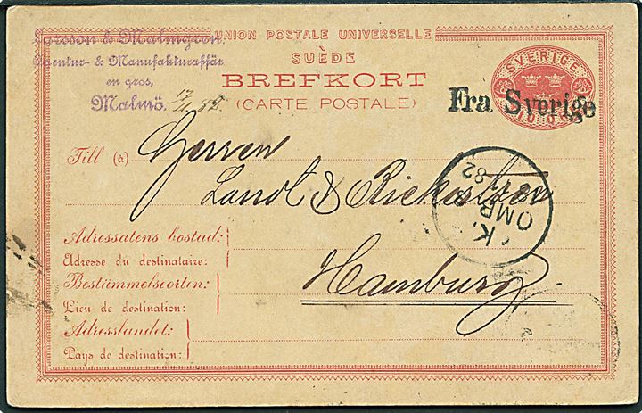 10 öre helsagsbrevkort fra Malmö annulleret med skibsstempel Fra Sverige og sidestemplet K.OMB.3 d. 18.11.1882 til Hamburg, Tyskland.
