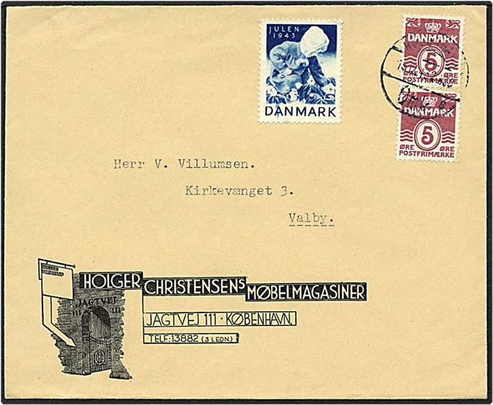 5 øre vinrød bølgelinie på forretningskuvert fra København d. 15.12.1943 til Valby. Fuldt indhold i kuverten.
