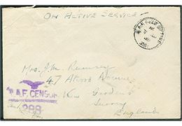 Ufrankeret OAS feltpostbrev stemplet R.A.F. Post Office 001 d. 7.8.1944 til Kew, England. Violet censur RAF Censor 288. Uldent stempel.