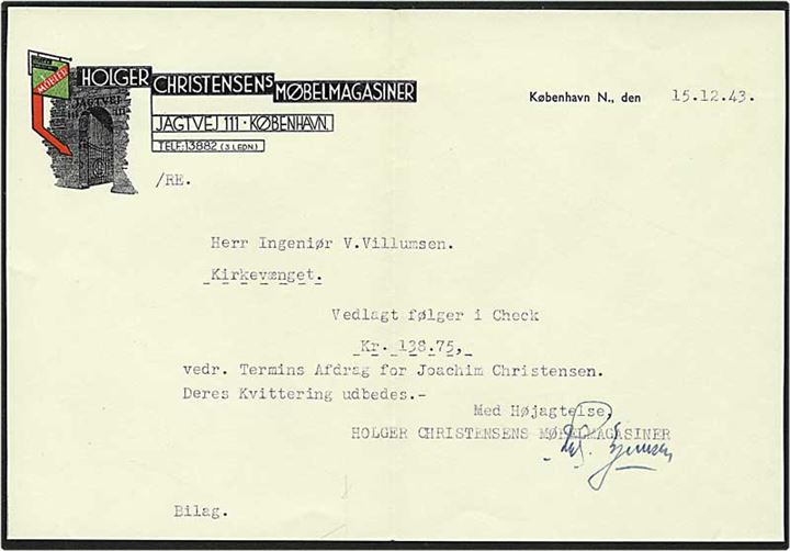 5 øre vinrød bølgelinie på forretningskuvert fra København d. 15.12.1943 til Valby. Fuldt indhold i kuverten.