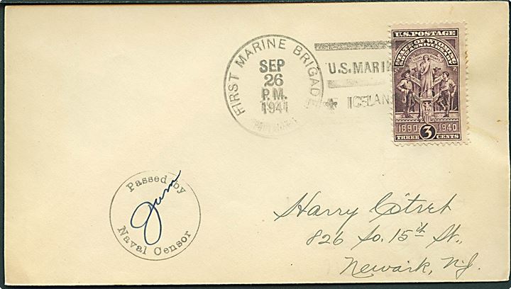 Amerikansk 3 cents på brev stemplet First Marine Brigade (Provisional) / U.S.Marines * Iceland * d. 26.9.1941 til Newark, USA. Sort flådecensur: Passed by Naval Censor. Filatelistisk.