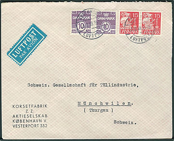 10 øre Bølgelinie (2) og 15 øre Karavel i parstykke på luftpostbrev stemplet København Luftpost sn3 d. 23.2.1939 til Münchwilen, Schweiz.