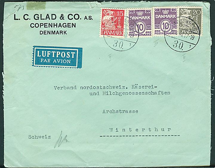 10 øre Bølgelinie (2), 15 øre og 20 øre Karavel på luftpostbrev fra København d. 29.6.1940 til Winterthur, Schweiz. Åbnet af tysk censur.