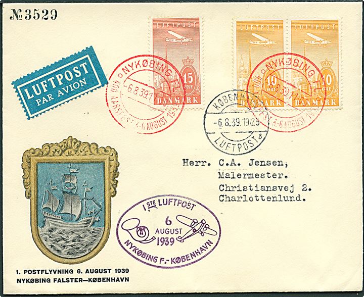 10 øre parstykke og 15 øre Luftpost på 1. flyvningskuvert annulleret med udstillingsstempel i Nykøbing Fl. d. 6.8.1939 via København til Charlottenlund.