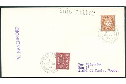 15 øre og 65 øre på filatelistisk skibsbrev stemplet Port Louis Mauritius d. 14.6.1976 og sidestemplet ship Letter til Kumla, Sverige. Privat skibsstempel: M/S Ranenfjord.