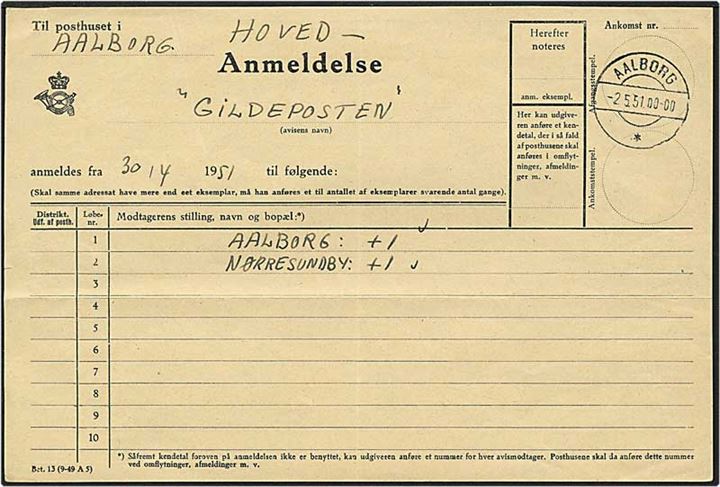 Anmeldelse angående Gildeposten til Aalborg posthus d. 30.4.1951. Aalborg * IIc brotypestempel, meget sjældent stempel.