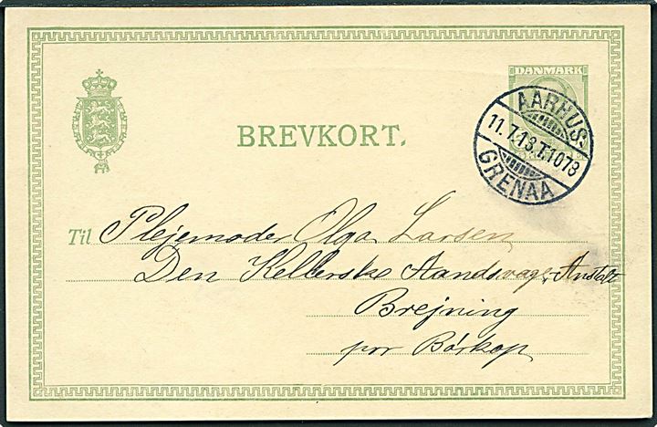 5 øre Fr. VIII helsagsbrevkort med vandmærke fra Kolind (?) annulleret med bureau Aarhus - Grenaa T.1078 d. 11.7.1913 til Brejning pr. Børkop.