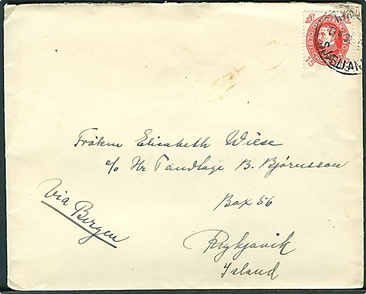 15 øre Chr. X 60 år på brev fra Nykøbing Sjælland d. 13.4.1931 til Reykjavik, Island. Påskrevet: via Bergen.