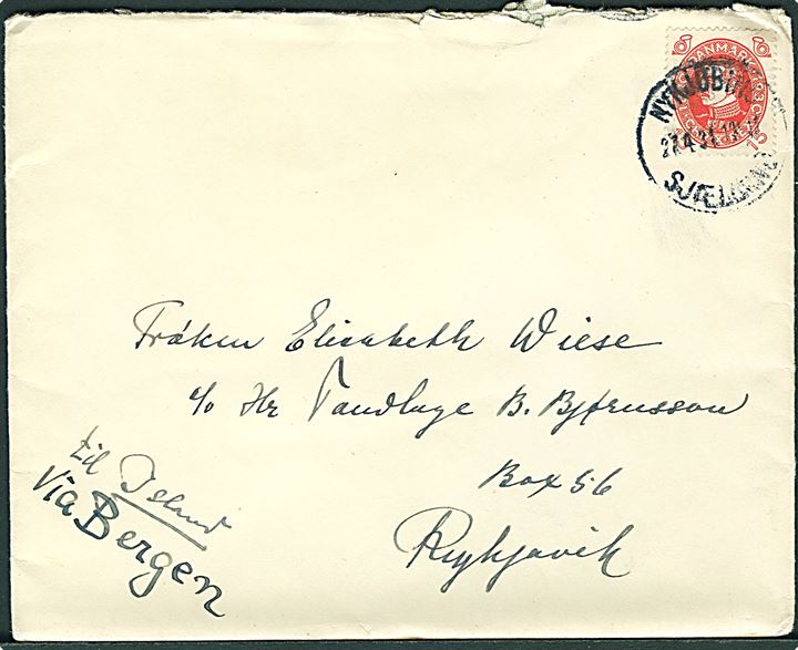 15 øre Chr. X 60 år på brev fra Nykøbing Sjælland d. 27.4.1931 til Reykjavik, Island. Påskrevet: via Bergen.