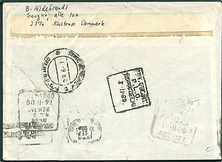 1,30 kr. Oehlenschläger (2) på luftpostbrev fra København 1980 til poste restante i Delhi, Indien. Retur med flere stempel.