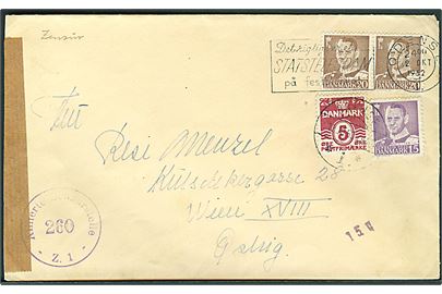 5 øre Bølgelinie, 15 øre og 20 øre (2) Fr. IX på brev fra Odense d. 2.10.1952 til Wien, Østrig. Åbnet af østrigsk efterkrigscensur.