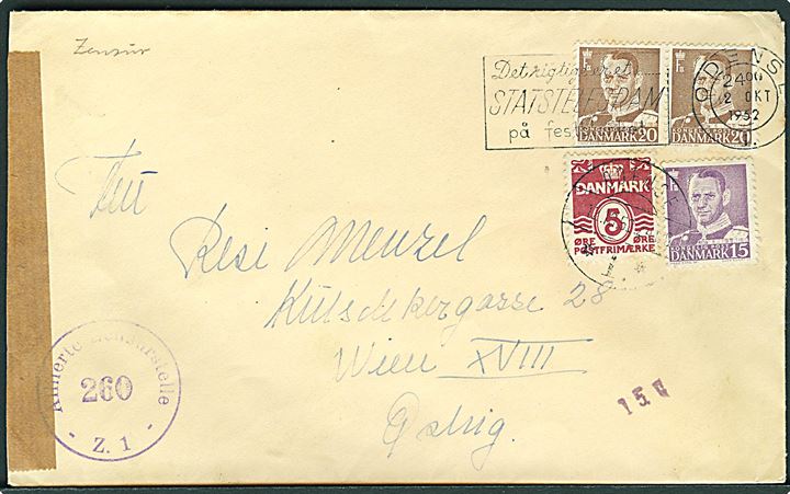 5 øre Bølgelinie, 15 øre og 20 øre (2) Fr. IX på brev fra Odense d. 2.10.1952 til Wien, Østrig. Åbnet af østrigsk efterkrigscensur.