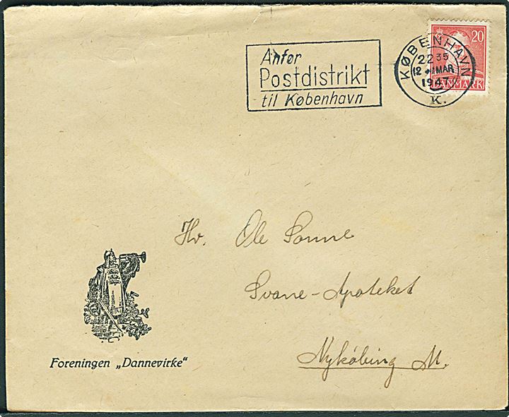 20 øre Chr. X på Foreningen Dannevirke kuvert fra København d. 12.3.1947 til Nykøbing Mors. Fra sømand ombord på kaserneskibet Fyen, Holmen, København.