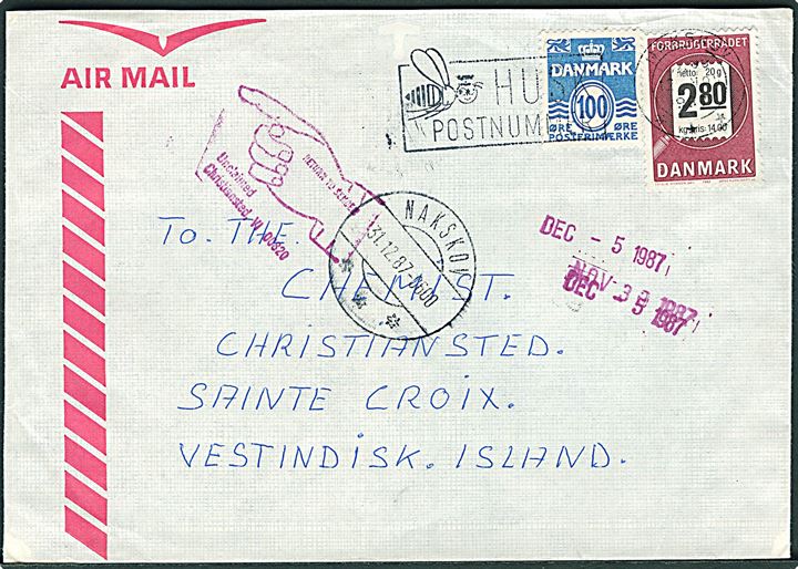 100 øre Bølgelinie og 2,80 kr. Forbrugerrådet på luftpostbrev fra Nakskov d. 12.11.1987 til Christiansted, St. Croix, USA. Retur som ej afhentet.