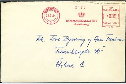 35 øre firmafranko Hofmarskallatet Amalienborg fra København d. 23.3.1964 til Århus.