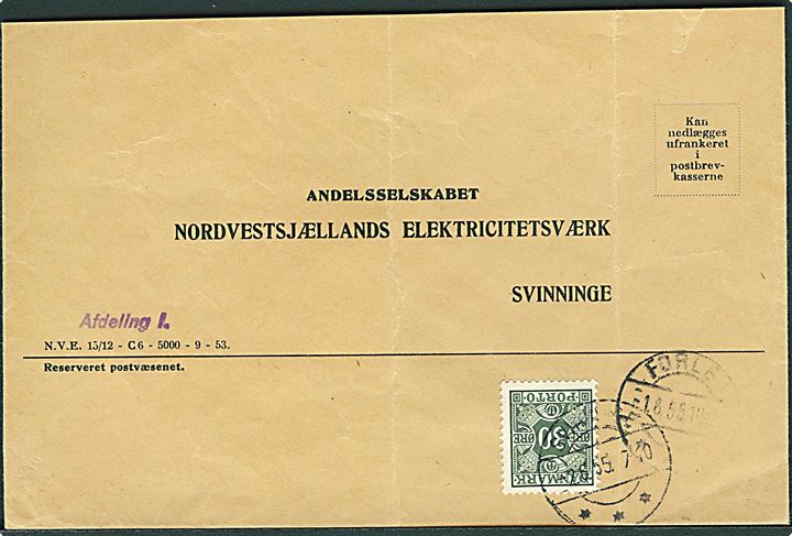Ufrankeret svarkuvert fra Forlev d. 1.8.1955 til Svinninge. Påsat 30 øre Portomærke stemplet Svinninge d. 2.6.1955.