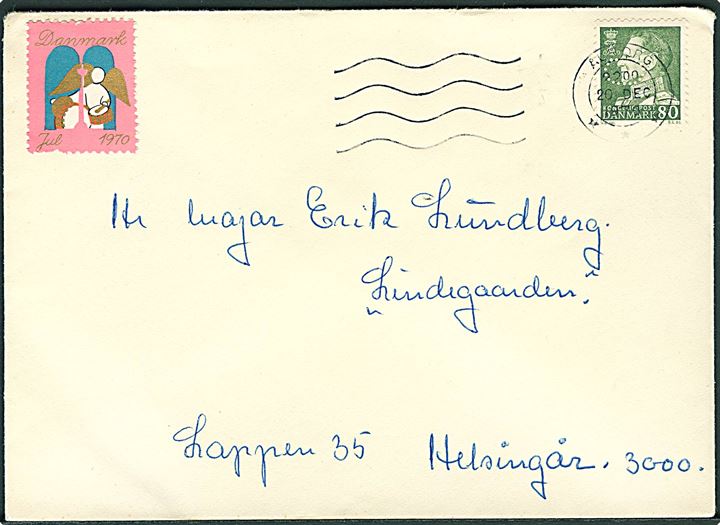 80 øre Fr. IX med perfin C. og Julemærke 1970 på brev fra Salgsinspektør ved Carlsbergs Bryggerierne fra Ålborg d. 20.12.1970 til Helsingør.