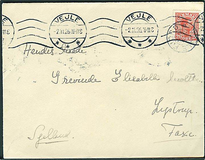 20 øre Chr. X på brev annulleret med stjernestempel VEJLEFJORD og sidestemplet Vejle d. 2.11.1926 til Lystrup pr. Faxe.