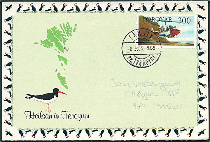 300 øre Flytype på Heilsan ur Føroyum Photo Letter annulleret med pr.-stempel Famjin pr. Tvøroyri d. 8.3.1986 til Haslev.