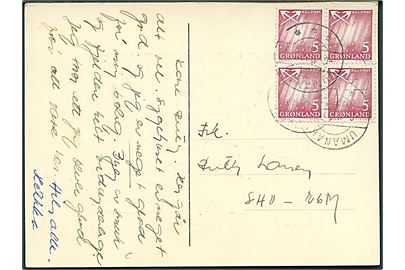 5 øre Nordlys i fireblok på brevkort fra Umanak d. 6.11.1964 til Egedesminde.