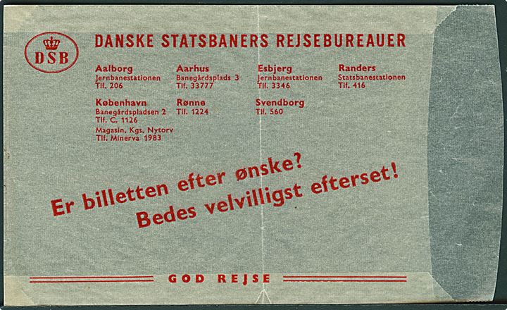 Danske Statsbaners Rejesbureauer. Billetkuvert. Fold.