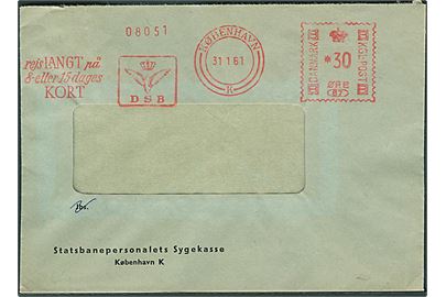30 øre DSB firmafranko med slogan rejs LANGT på 8- eller 15 dages KORT på rudekuvert fra København d. 31.1.1961.