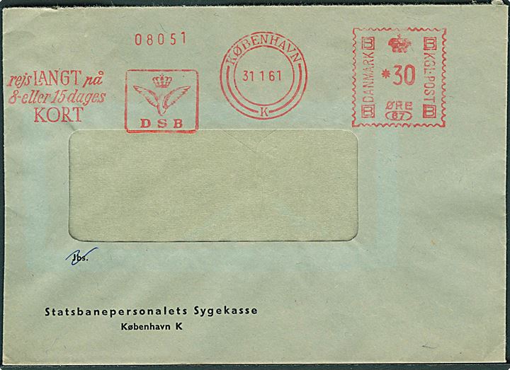 30 øre DSB firmafranko med slogan rejs LANGT på 8- eller 15 dages KORT på rudekuvert fra København d. 31.1.1961.