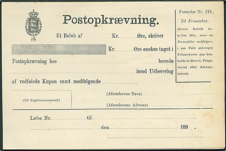 Postopkrævning - Formular Nr. 112 fra 1880'erne. Ubrugt.