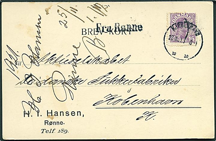 15 øre Chr. X på brevkort fra Rønne stemplet Kjøbenhavn d. 26.11.1921 og sidestemplet Fra Rønne til København. 