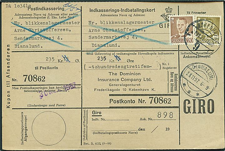 20 øre og 90 øre Fr. IX på retur Indkasserings-Indbetalingskort fra København d. 21.11.1957 til Dianalund.