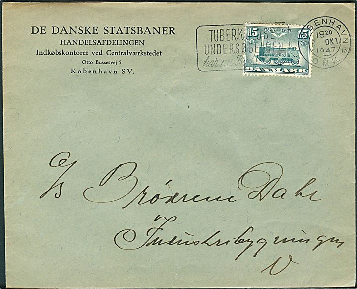 15 øre DSB Jubilæum på fortrykt kuvert fra De danske Statsbaner sendt lokalt i København d. 2.10.1947.